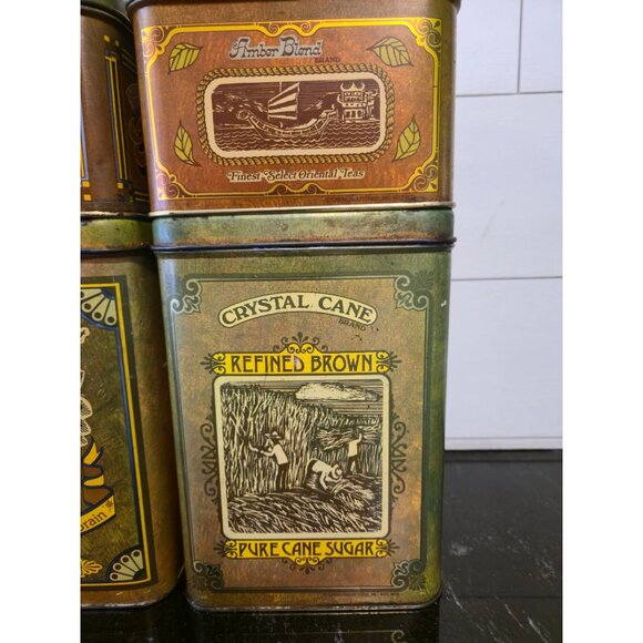 Retro Kitchen Tin Canister Set Coffee, Tea, Sugar & Flour Tins Vintage 1970s Sty - Picture 5 of 16